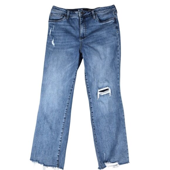 KUT Cropped Straight Distressed Raw Hem Jeans Sz 12 Mid Wash - Picture 2 of 9